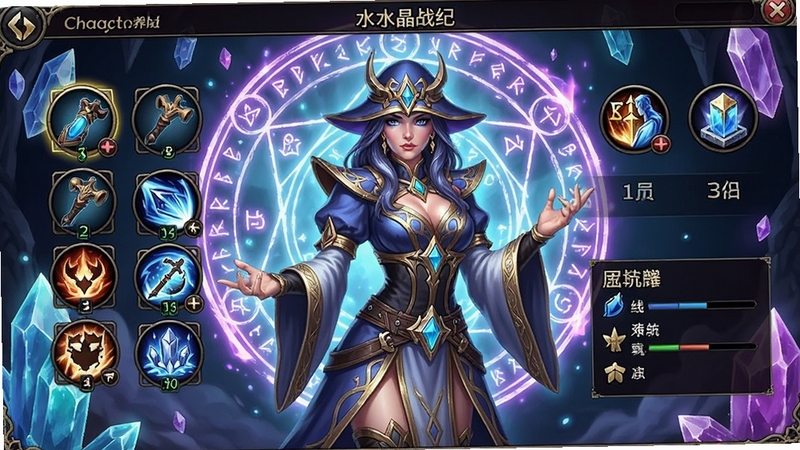 水晶战纪角色养成界面,展示一位女性法师角色的立绘,周围有装备、技能、属性等养成选项图标,角色模型精致,背景为魔法阵与水晶装饰,UI风格统一,色彩华丽。