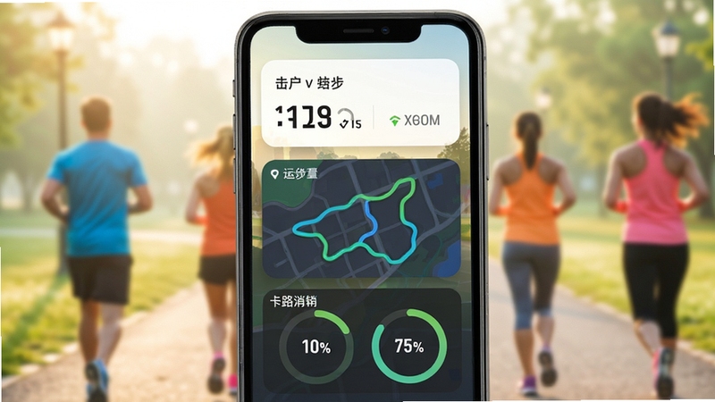 健康运动计步器主界面预览图,展示手机屏幕上的步数统计卡片、运动轨迹地图和卡路里消耗环形图表,背景为清晨公园健走的模糊人影,整体色调清新明亮,突出健康运动主题,画面主体居中,背景虚化处理,适配移动端竖屏展示