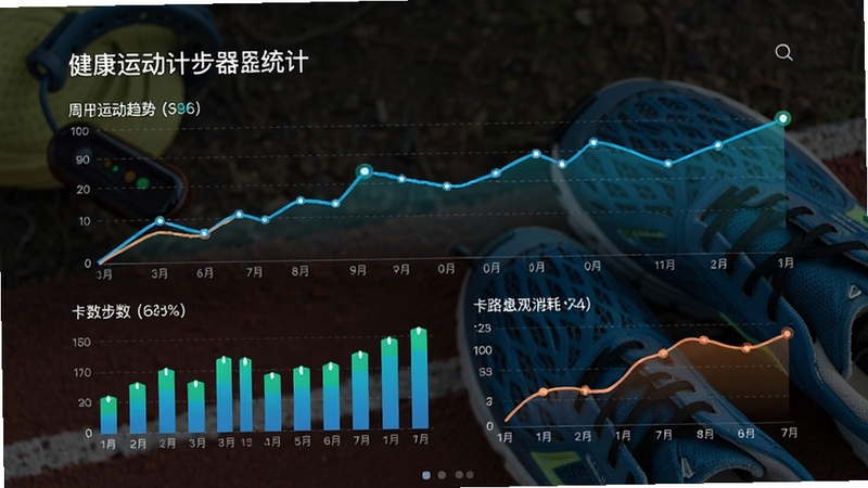 健康运动计步器数据统计界面,展示折线图形式的周运动趋势,包含步数柱状图与卡路里消耗曲线,背景为运动手环和跑鞋的俯拍图,画面简洁专业,突出数据可视化效果,整体风格现代且富有科技感