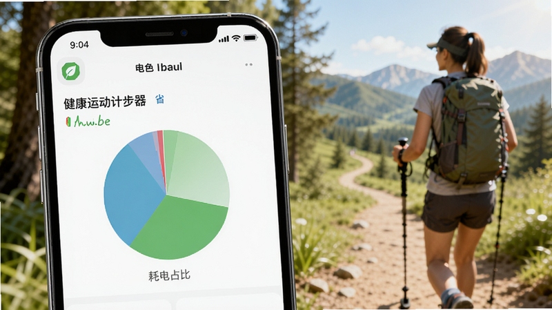 健康运动计步器绿色省电模式示意图,画面为手机电量管理界面中该应用的耗电占比极小的饼状图,背景是户外徒步的轻松场景,体现轻量化与环保节能的特点,画风写实明亮