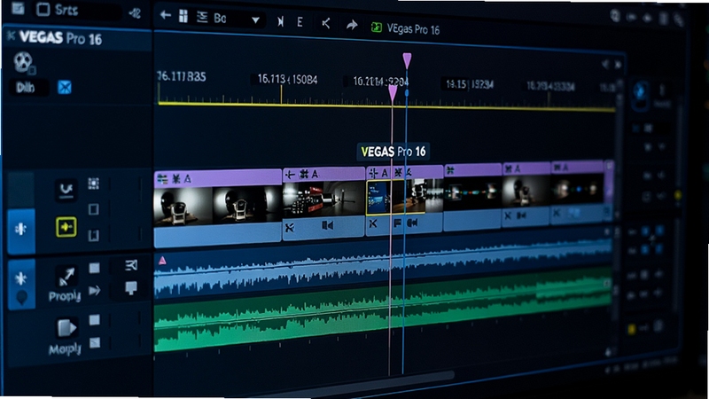 VEGAS Pro 16 ���ʱ���߱༭������д����ʾ�����Ƶ�������Ƶ��������м����㡢ת��Ч���͹ؼ�֡������ʱ���߱������������Ϊ����ɫ��������Ԫ�ظ�����ʾ��ͻ��רҵ�����������̡�