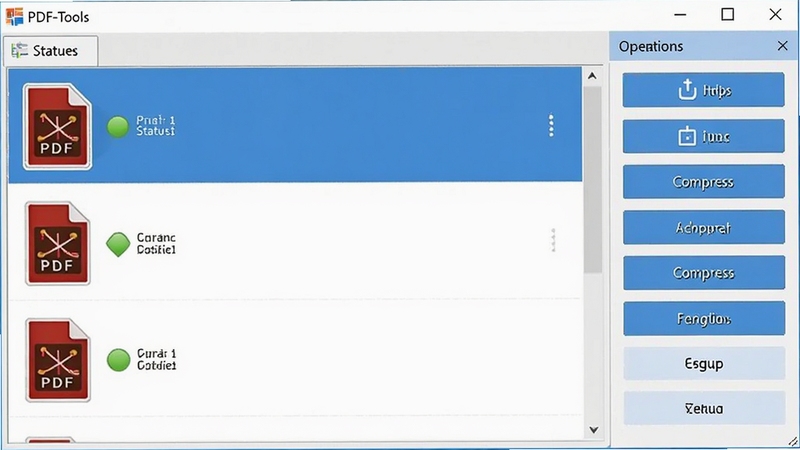 PDF-Tools �����������棬��ʾ���PDF�ļ��ڶ����У�ÿ���ļ�����״̬��ʶ���Ҳ�Ϊ����ѡ����壬����ˮӡ�����ܡ�ѹ���Ȱ�ť���������������ɫ��������Ϊ�����������ơ�PDF-Tools�������ڴ��ڱ�������