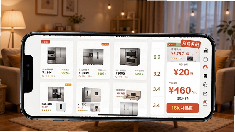 家电购物百亿省应用主界面展示,手机屏幕内显示家电商品列表、价格对比与补贴标签,背景为温馨的客厅场景,暖色调灯光,画面主体为手机屏幕特写,细节丰富,电商风格,4K画质