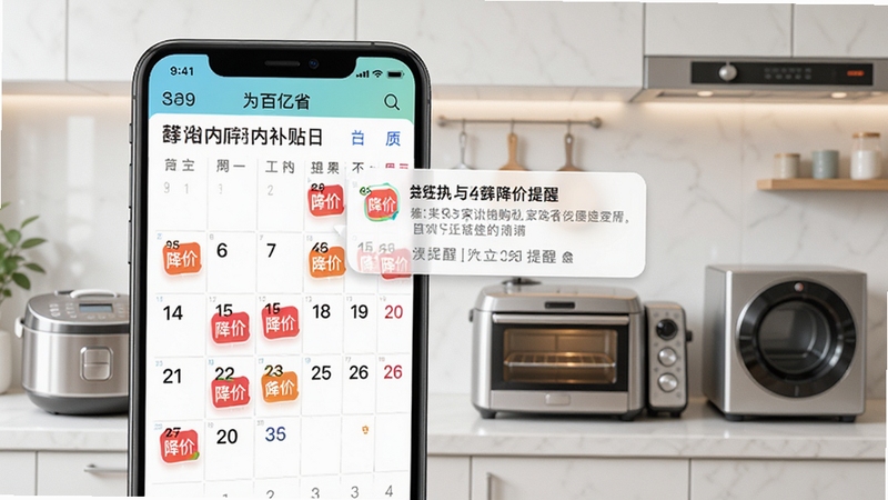 家电购物百亿省应用内补贴日历界面,日历上标记多个降价日期,旁边弹出降价提醒通知,背景为现代简约厨房,电饭煲、烤箱等家电摆放整齐,画面主体为手机界面特写,色彩明亮,电商风格,高清画质