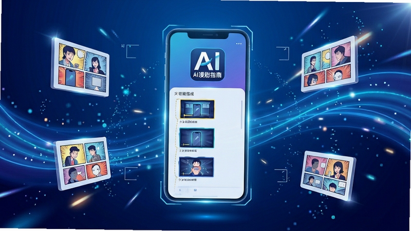 一张现代科技感十足的3D渲染风格主视觉图,画面中央悬浮着一个全息投影的智能手机界面,屏幕上显示AI漫剧生成指南的LOGO与动态分镜脚本,背景为深蓝色渐变搭配流动的光效与漂浮的漫画分镜框,整体色彩明亮,突出AI技术与漫画创作的融合感,画面主体坐标居中,背景区域为抽象数字粒子与光影特效。