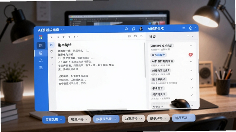 展示AI漫剧生成指南软件界面截图风格的概念图,左侧是剧本编辑区,右侧是AI辅助生成的对白建议列表,画面下方有多个故事风格标签按钮,整体UI设计简洁现代,以蓝白为主色调,背景为模糊的创作工作室环境,突出智能、高效与专业感,画面主体为软件界面,背景区域为柔和的工作台光晕。