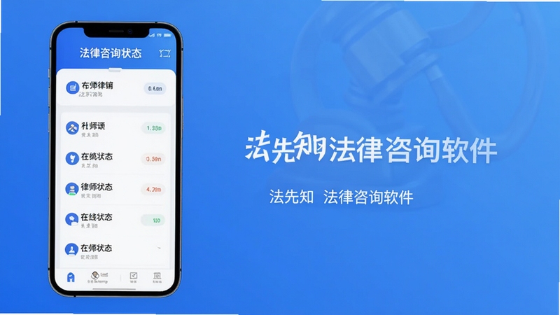 法先知法律咨询软件主界面预览图,展示手机屏幕上的法律咨询功能列表与律师在线状态,背景为简约蓝色渐变,突出专业与信赖感,画面整体明亮清晰,适合作为软件介绍首图