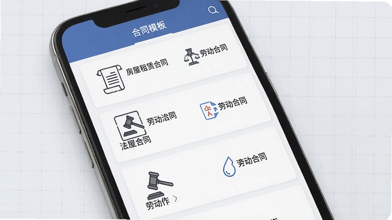 法先知法律咨询文书模板库展示图,手机屏幕中显示各类合同模板列表,如房屋租赁合同、劳动合同等,每个模板配有简洁图标,背景为浅灰色网格,突出模板的规整与实用性