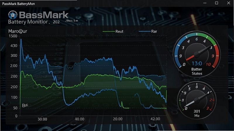 PassMark BatteryMon 电池监控主界面 实时曲线图 电池状态仪表盘,背景为深色科技感桌面,图表以蓝色和绿色线条显示充放电曲线,界面清晰直观,整体风格专业且现代