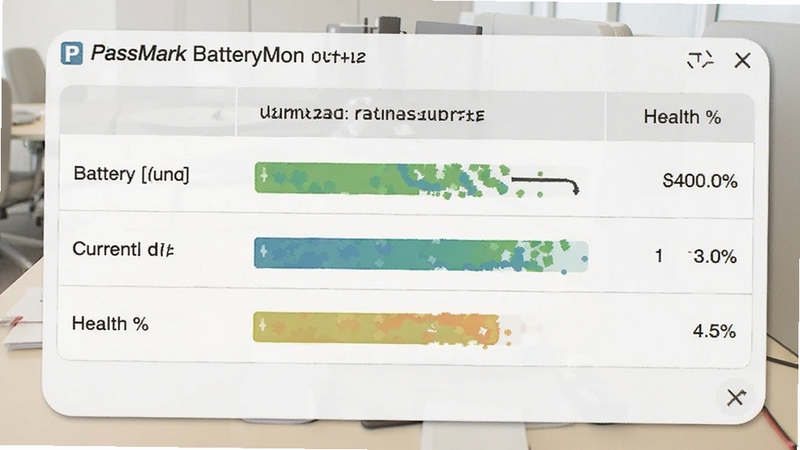 PassMark BatteryMon 电池健康报告导出 显示电池设计容量与当前容量对比,界面为简洁的表格样式,包含电池循环次数和健康百分比,背景为浅色办公环境