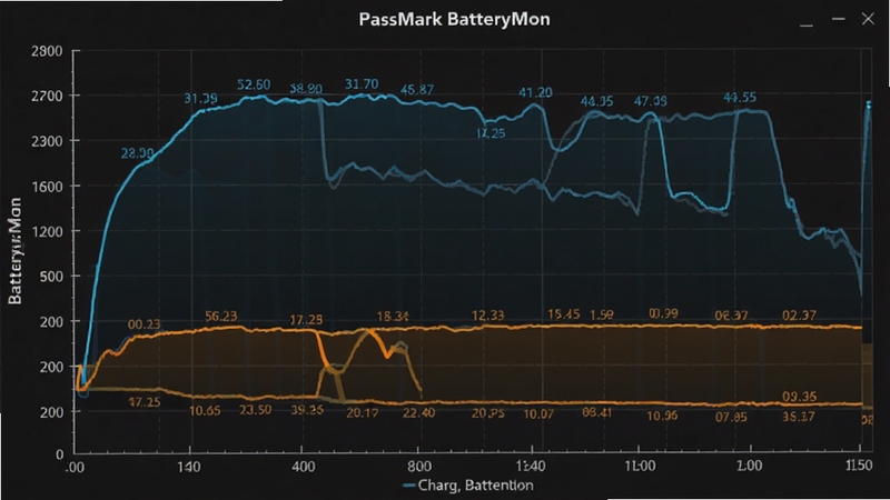 PassMark BatteryMon 实时监控曲线图 显示电压电流变化,图表背景为深色网格,曲线以亮蓝色和橙色区分充电与放电状态,数据标签清晰可见,画面干净专业