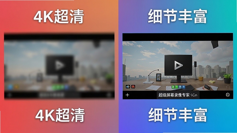 超级屏幕录像专家录制画质对比图,左侧为普通录屏模糊效果,右侧为超级屏幕录像专家高清效果,背景为渐变色,文字标注“4K超清”和“细节丰富”