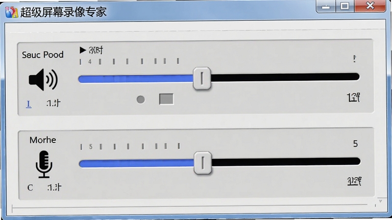 超级屏幕录像专家音频设置界面,显示系统声音和麦克风两个音轨滑块,背景为浅灰色面板,软件名称显示在窗口标题栏