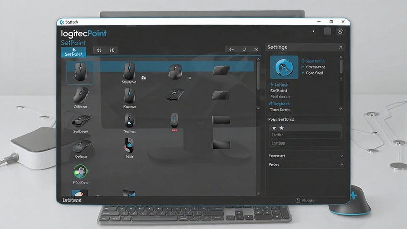 Logitech SetPoint 主界面预览图,展示鼠标键盘设备列表与自定义设置面板,背景为浅灰色科技感桌面,整体风格简洁清晰,突出软件管理功能