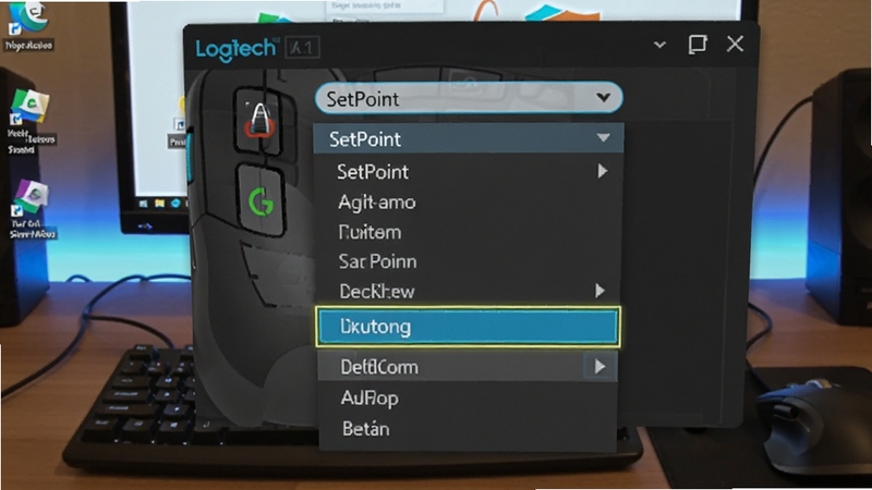 Logitech SetPoint 按键自定义界面,展示鼠标侧键功能分配下拉菜单,背景为电脑桌面,高亮显示自定义按键选项,画面清晰直观