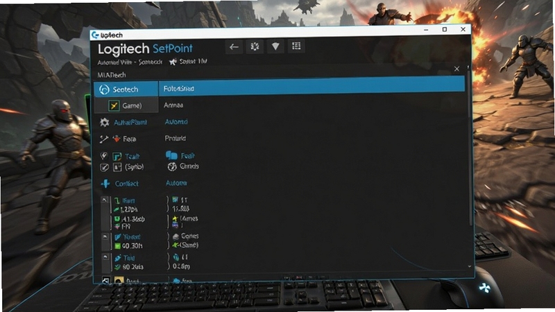 Logitech SetPoint 配置文件管理界面,展示不同游戏与软件对应的配置列表,背景为游戏画面,突出自动切换功能,画面动感且信息明确