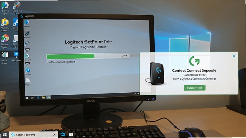 Logitech SetPoint 安装与故障排查场景,展示电脑端驱动安装进度条与设备连接成功提示,背景为 Windows 桌面,画面清晰解答安装问题