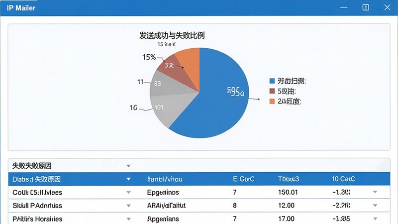 IP Mailer软件内发送报告的界面预览图,画面展示一个饼状图显示发送成功与失败比例,下方是详细的失败原因列表,表格线条清晰,整体UI设计采用蓝白配色,视觉清爽明了。