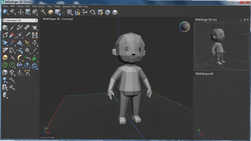 MilkShape 3D 软件主界面全貌,左侧为工具栏,右侧为3D视口,中间显示一个低多边形角色模型,背景为深灰色工作区,整体界面简洁清晰,突出软件建模功能,画面风格写实,光线均匀,符合软件下载站预览图风格