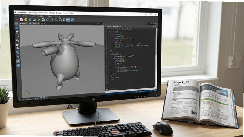 MilkShape 3D 软件问答场景,屏幕显示一个3D模型和代码窗口,旁边有一本打开的帮助手册,整体风格明亮,突出学习与解决问题氛围,画面中包含软件操作界面元素,颜色协调,光线自然