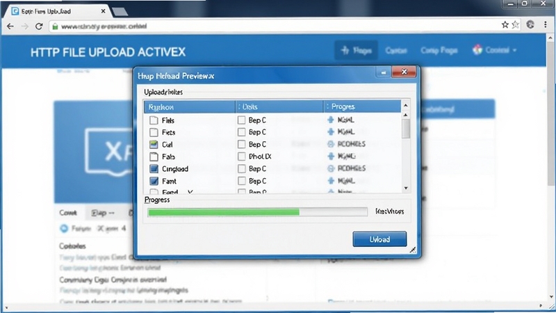 HTTP File Upload ActiveX核心界面预览图,展示控件在浏览器中的上传窗口,包含文件列表、进度条和上传按钮,背景为现代简约的网页设计风格,色调以蓝白为主,清晰标注软件名称