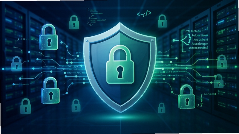 HTTP File Upload ActiveX安全加密功能展示图,画面中央是一个盾牌图标,背景为互联网数据传输场景,有加密锁和代码符号点缀,整体色调为蓝色与绿色,体现安全可靠的特性
