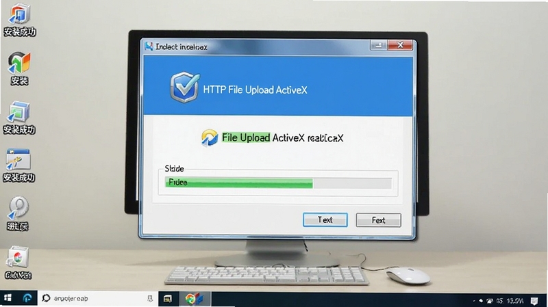 HTTP File Upload ActiveX安装步骤图,画面展示安装向导界面,包含下一步按钮和进度条,背景为干净的桌面环境,配以文字说明安装成功后的提示