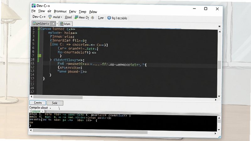 Dev-C++ 主界面预览图,展示代码编辑器、菜单栏、编译按钮和输出窗口,整体风格简洁明亮,背景为淡色桌面环境,画面中心为 Dev-C++ 窗口,包含 C++ 源码示例