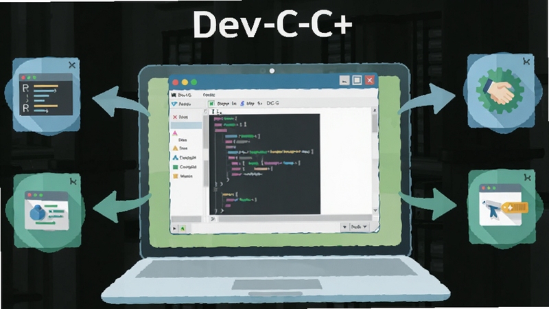 Dev-C++ 功能示意图,展示其轻量级特点,画面中一个简洁的 IDE 窗口悬浮在轻薄的笔记本电脑屏幕上,周围有箭头指向代码编辑、编译运行、调试等图标,整体风格扁平化,色彩清新