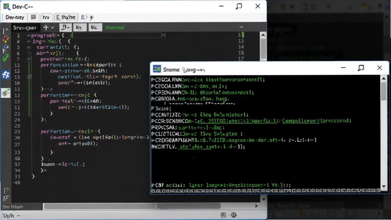 Dev-C++ 代码编译运行过程示意图,画面展示代码编辑器与黑色命令行输出窗口,窗口中有程序运行结果,背景为深色,突出编译成功提示,整体风格清晰直观