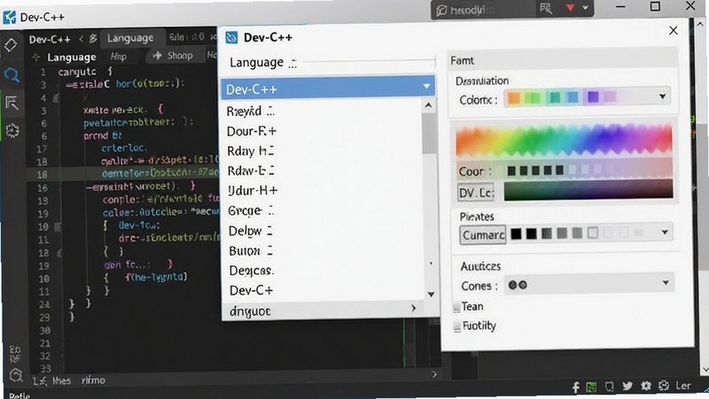 Dev-C++ 多语言设置界面预览,展示语言选择下拉菜单和字体颜色设置面板,背景为深色代码编辑器,突出个性化定制功能,整体风格专业且友好
