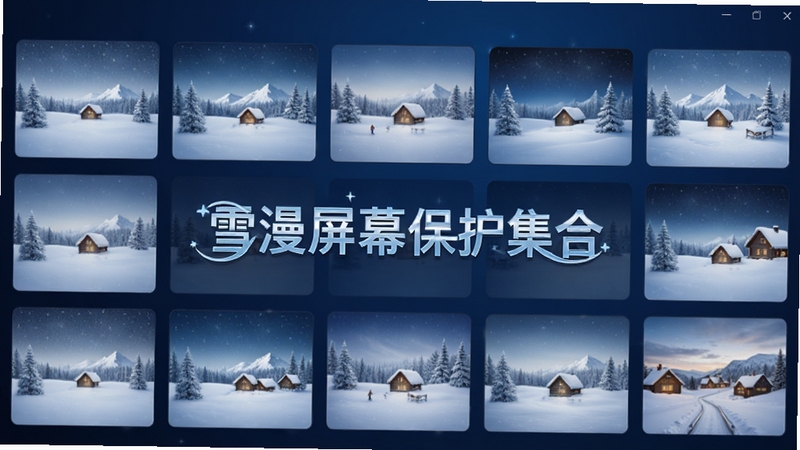 雪漫屏幕保护集合主界面预览图,展示多款雪景主题的缩略图墙,背景为深蓝色渐变,画面中央有软件名称“雪漫屏幕保护集合”的Logo,整体风格简洁现代,适合作为软件宣传图