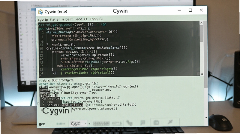Cygwin 终端中运行 gcc 编译 C 语言代码的场景,窗口显示代码编辑和编译输出,背景为浅色终端主题,代码高亮清晰,窗口边框有 Cygwin 标识,强调开发功能,整体画面明亮清晰