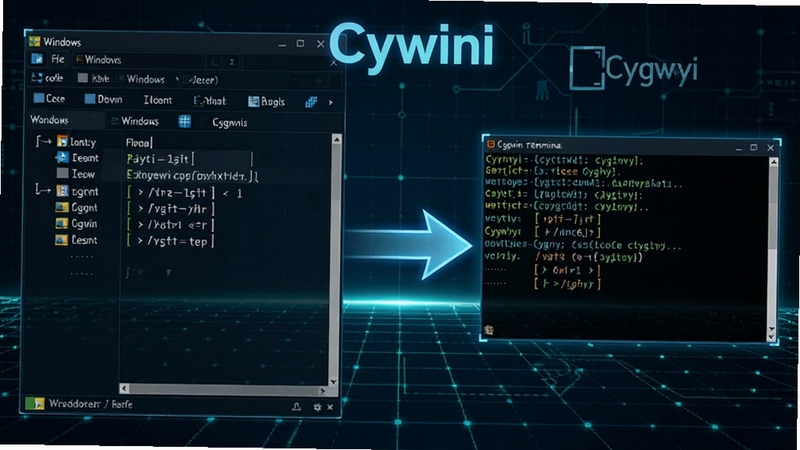Cygwin 文件路径转换示意图,左侧显示 Windows 资源管理器路径,右侧显示 Cygwin 终端中的挂载路径,中间用箭头连接,背景为简洁的科技网格,突出路径映射关系,包含 Cygwin 字样