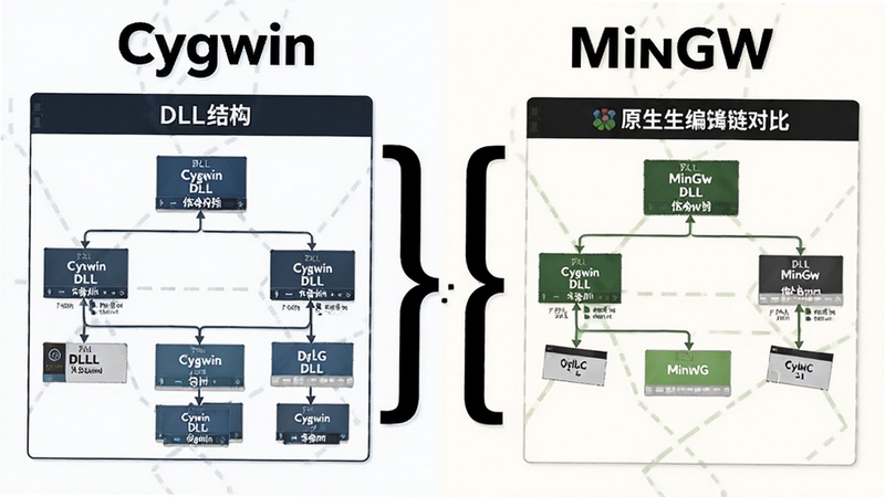 Cygwin 和 MinGW 对比示意图,左侧为 Cygwin 的 DLL 依赖结构,右侧为 MinGW 的原生编译链,中间用大括号对比,背景为简洁的对比风格,包含 Cygwin 和 MinGW 文字,风格清晰直观
