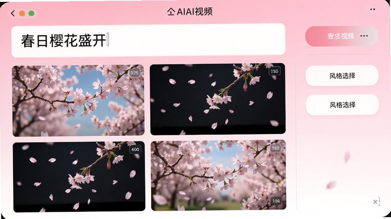 全能AI制作视频的文本生成视频功能演示,界面中显示输入框内文字“春日樱花盛开”,下方自动生成多段樱花飘落的视频片段,右侧有风格选择按钮,背景为粉白色渐变,整体画面清新自然,突出AI智能匹配素材的过程