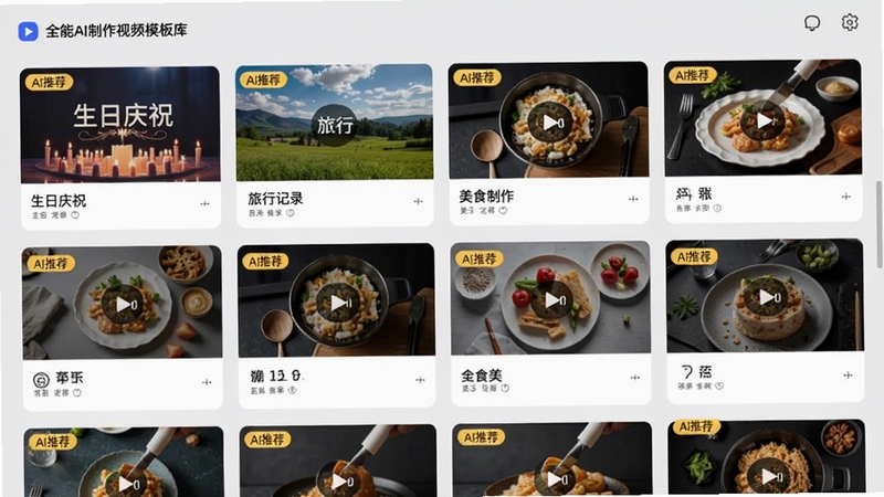 全能AI制作视频的模板库界面,展示多套视频模板缩略图,包括生日庆祝、旅行记录、美食制作等主题,每个模板左上角标注“AI推荐”标签,界面采用卡片式布局,背景为浅灰色,画面清晰展示模板的多样化与实用性