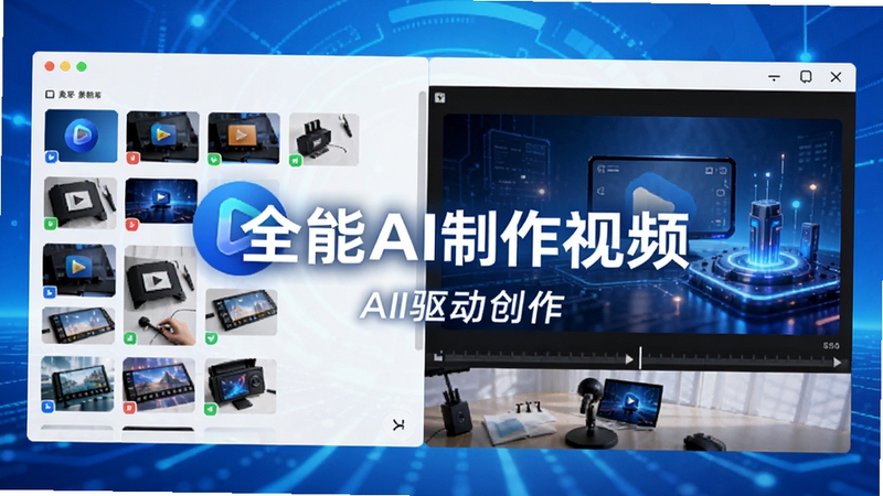 全能AI制作视频主界面预览图,展示其简洁的创作工作台,左侧为素材库,右侧为视频预览窗口,背景为渐变蓝色科技感氛围,画面中央显示“全能AI制作视频”logo及“AI驱动创作”字样,整体风格现代、明亮、专业,适配Boogu模型生成