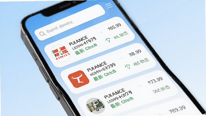 全网快递简易查主界面预览图,展示手机屏幕中物流列表页面,背景为淡蓝色渐变,顶部有搜索框,列表中有多个快递包裹卡片,每个卡片显示快递公司logo、单号和最新物流状态,风格简洁现代,高清渲染