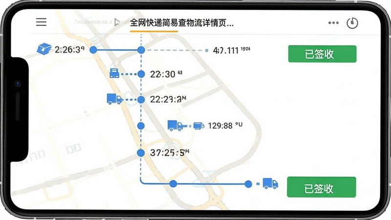 全网快递简易查物流详情页截图,展示完整的物流轨迹时间线,背景为白色,时间线为蓝色节点,有“已签收”绿色标识,画面清晰,突出信息展示,无多余元素