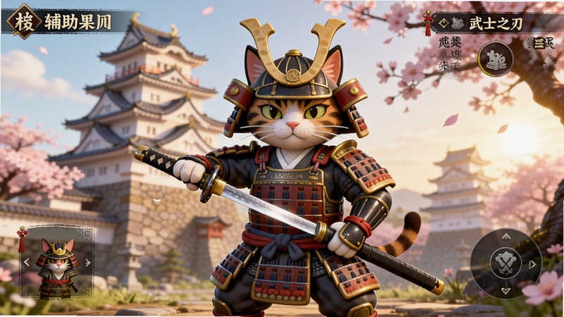 猫咪与骑士们:武士之刃(辅助菜单)游戏整体预览图,画面中央一只穿着武士盔甲的猫咪手持太刀,背景是日式城堡与樱花树,暖色调,明亮光线,游戏UI界面,高清渲染,细节丰富,博古模型风格