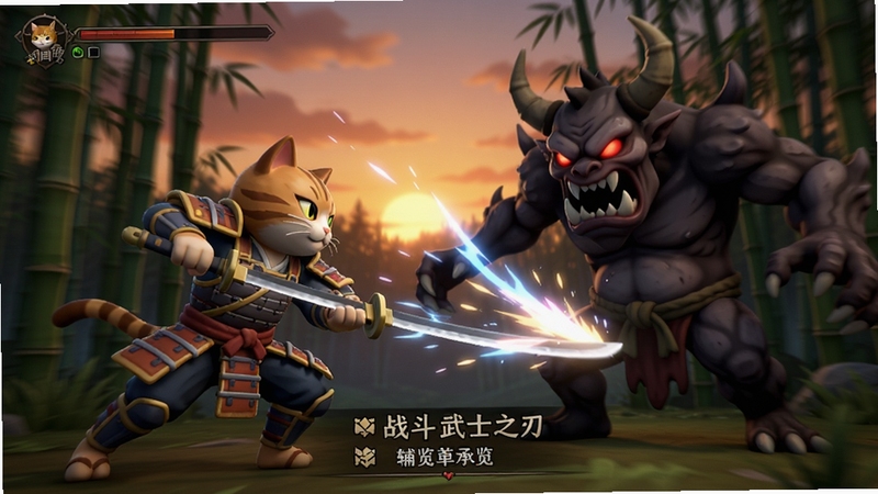 猫咪与骑士们:武士之刃(辅助菜单)战斗场景预览,猫咪骑士挥刀斩击,刀光特效炫酷,敌人为巨大鬼怪,背景是竹林与夕阳,动态模糊效果,动作感强烈,游戏画面精美,博古模型风格