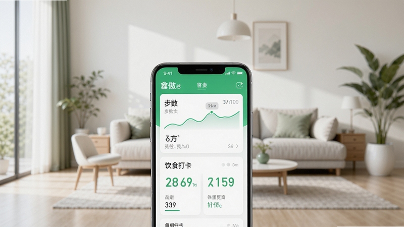 鑫傲然APP主界面预览图,展示健康数据看板与清爽的绿色调UI设计,背景为现代简约风格的客厅环境,前景突出手机屏幕上的步数、体重趋势和饮食打卡模块,画面明亮通透,细节丰富,适合软件商店展示