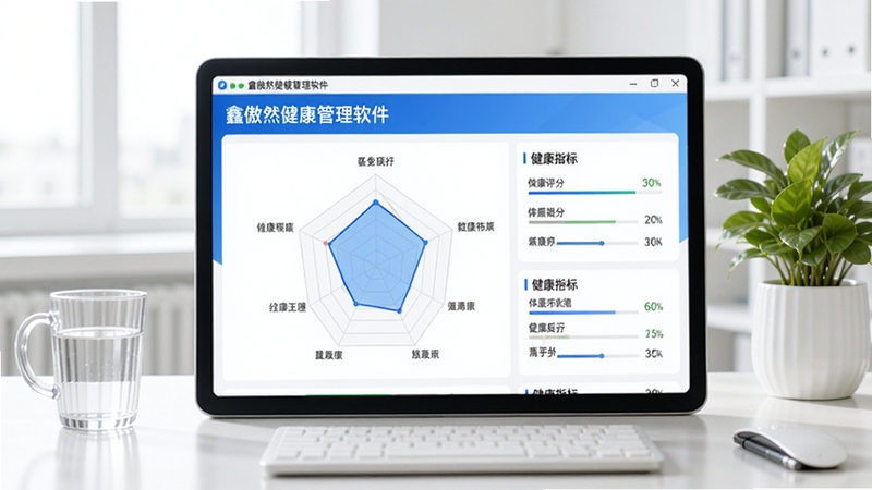 鑫傲然健康管理软件体质评估功能界面,显示雷达图与各项健康指标评分,背景为明亮的办公室桌面,配有水杯和绿植,界面色彩以蓝色和白色为主,突出数据可视化效果,画面干净专业