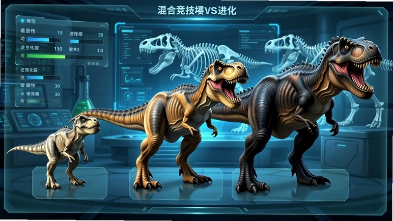 霸王龙VS棘龙:混合竞技场恐龙进化界面,一只霸王龙从幼体到成年体三段进化展示,鳞片颜色由浅变深,体型逐渐庞大,背景是实验室基因数据屏幕,蓝色科技光效与恐龙骨架模型,UI面板显示属性数值与进化进度条,半透明玻璃质感,科幻与史前融合风格