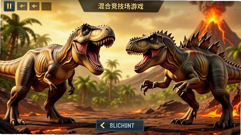 霸王龙VS棘龙:混合竞技场游戏主界面,两只巨大恐龙在火山平原对峙,霸王龙张开血盆大口,棘龙挥舞利爪,背景有茂密丛林和喷发火山,画面充满力量感与紧张氛围,3D写实风格,高细节建模,动态光影效果,游戏UI按钮清晰可见,整体色调偏暖黄与暗红