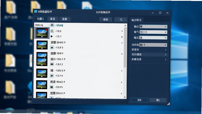 3GP转换器软件主界面预览图,画面主体为深蓝色调软件窗口,左侧是视频文件列表,右侧是输出格式选择面板,背景为模糊的电脑桌面与文件图标,整体风格干净明亮,突出软件的专业性与易用性。