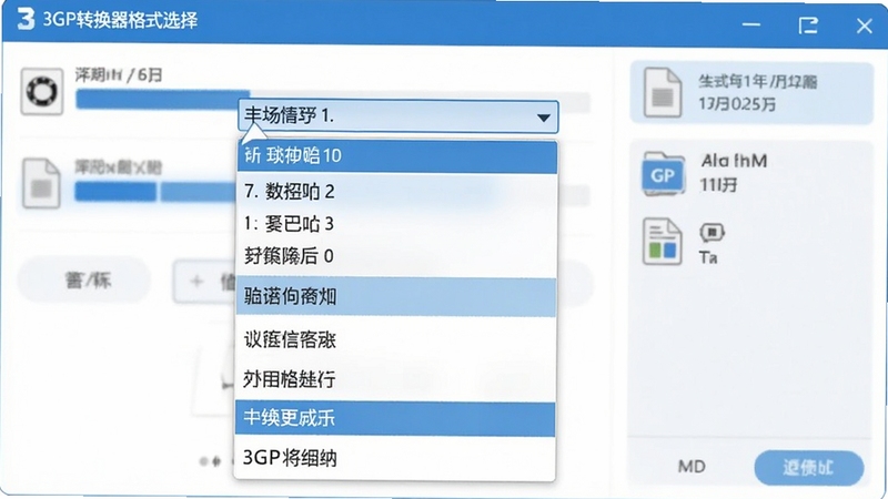 3GP转换器格式选择界面,画面主体为展开的下拉菜单列表,显示多种视频格式选项,背景是转换进度条与文件信息栏,色彩搭配以蓝白为主,突出功能选择的丰富性与操作的便捷性。