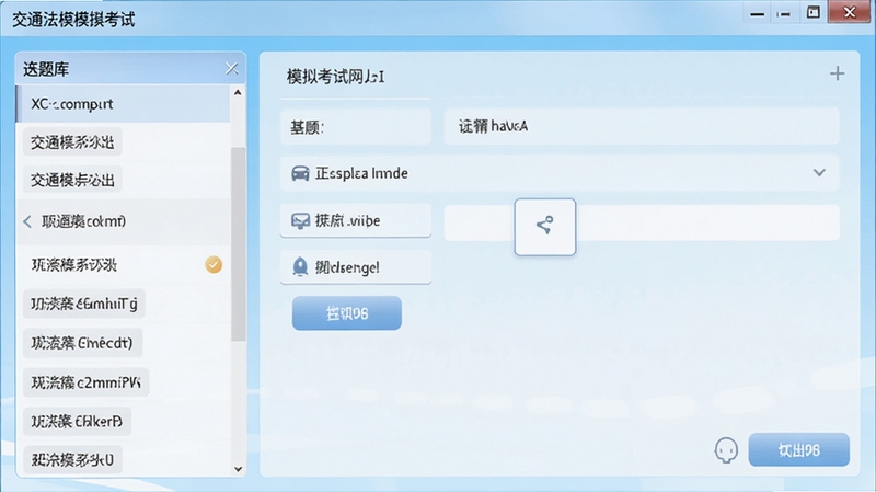 交通法规模拟考试软件主界面截图,展示模拟考试答题页面,左侧为题库列表,右侧为答题区域,背景为浅蓝色渐变,整体风格简洁明亮,软件名称显示在左上角,画面清晰,适合作为软件预览图