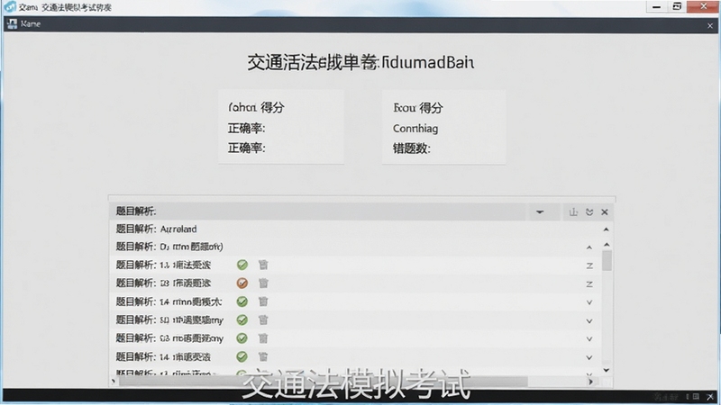 交通法规模拟考试软件模拟考试交卷后的成绩单页面,显示得分、正确率、错题数,下方有题目解析列表,背景为淡灰色,整体风格正式,软件名称在页面底部水印显示